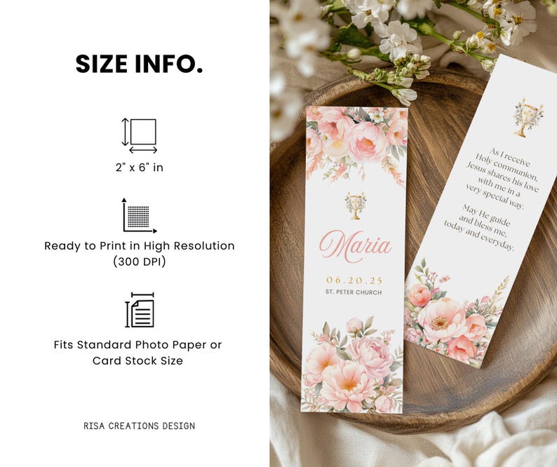 First Holy Communion Bookmark Template, Editable Canva Bookmark, Floral ...