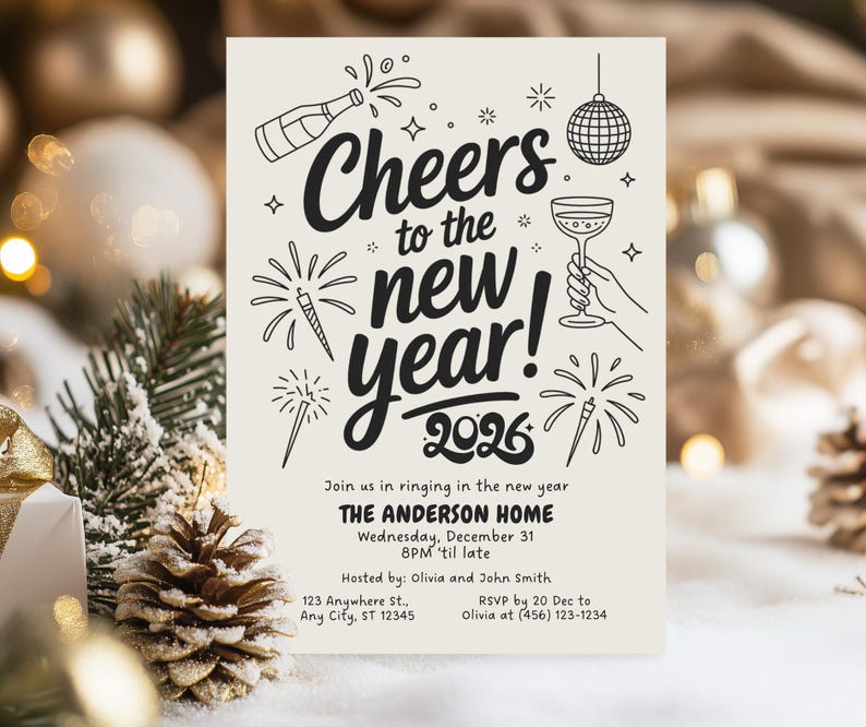 May include: A cream-colored New Year's invitation with black text and illustrations. The design includes a champagne bottle, fireworks, a disco ball, and a hand holding a champagne glass. The text reads "Cheers to the new year! 2026."