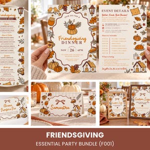 May include: A Friendsgiving party stationery bundle featuring a dinner menu, invitation, event details, and place cards. The cream-colored paper items are decorated with autumn-themed illustrations of pumpkins, leaves, houses, and mugs in orange and brown.