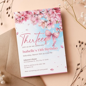 Faire-part 13e anniversaire, invitation d'anniversaire floral avec noeud rose, modèle modifiable de fête pour adolescents Coquette, fille tendance sur toile