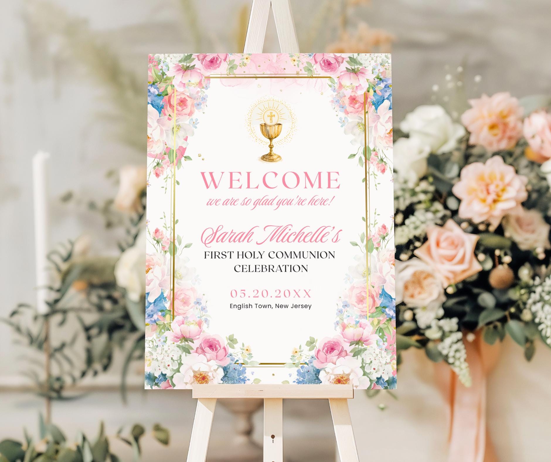 Communion Post Sign Editable First Holy Communion Welcome Sign, Blush Pink Floral Canva ...