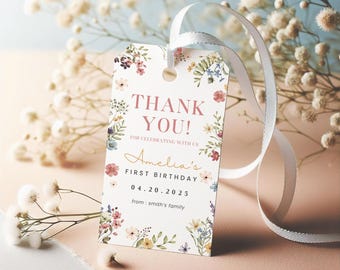 Wildflower Thank You Tag, First Birthday Favor Tag, Floral Party Tag, Editable Canva Template, Boho Girl Birthday, Printable Tag BI012