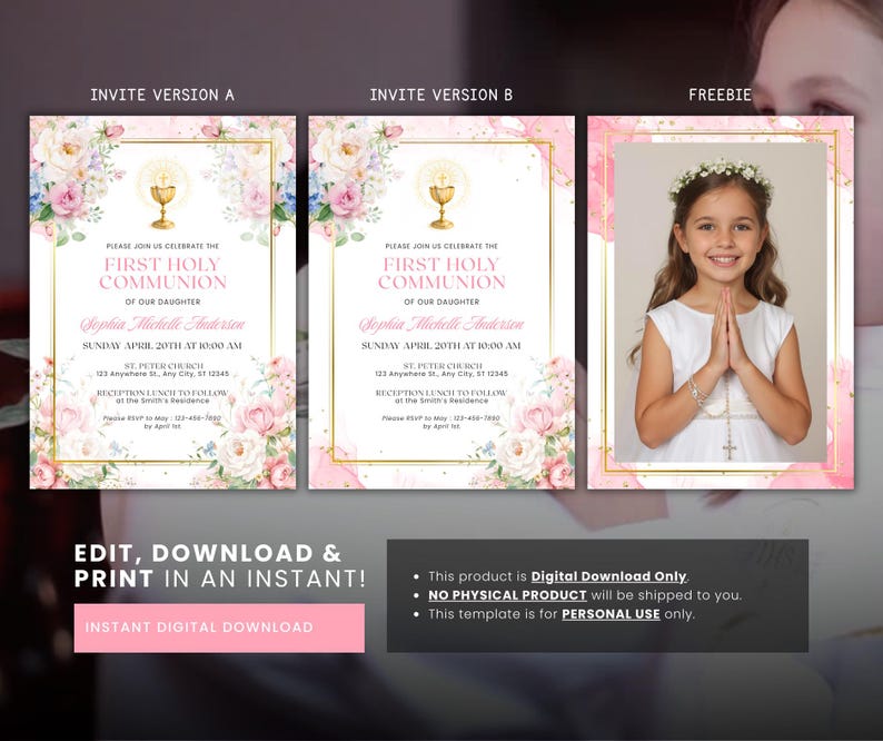 First Communion Invitation for Girls, Pink Floral Holy Communion Invite ...