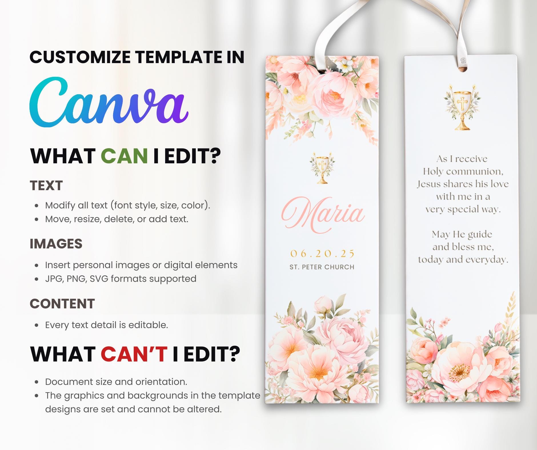 First Holy Communion Bookmark Template, Editable Canva Bookmark, Floral ...