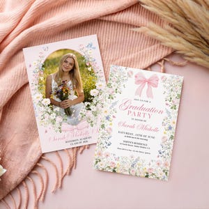 May include: Two graduation party invitations. One features a photo of a woman holding flowers, surrounded by a floral border. The other invitation has a pink bow and text that reads "Graduation Party" and details.