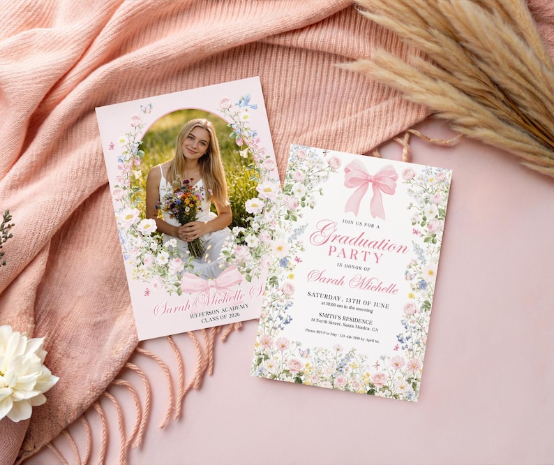 May include: Two graduation party invitations. One features a photo of a woman holding flowers, surrounded by a floral border. The other invitation has a pink bow and text that reads "Graduation Party" and details.