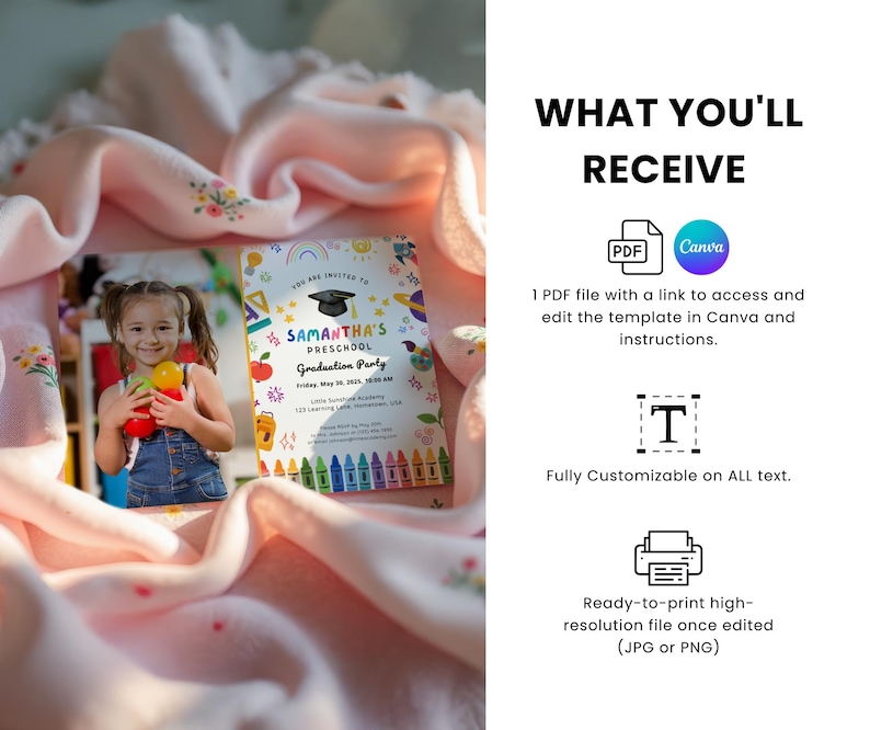 Puede incluir: Una plantilla de invitaci&oacute;n imprimible para una fiesta de graduaci&oacute;n de preescolar con un dise&ntilde;o de crayones coloridos, un arco&iacute;ris y un gorro de graduaci&oacute;n. El texto de la invitaci&oacute;n dice "Est&aacute;s invitado a la fiesta de graduaci&oacute;n de preescolar de Samantha".