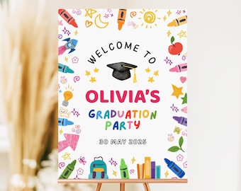 Preschool Graduation Welcome Sign: Crayon Theme Party Decor (Editable Canva Template)