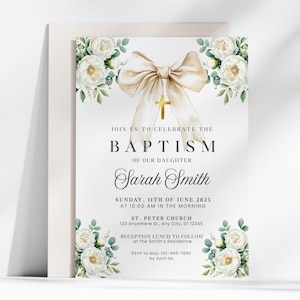Neutral Schleife Taufe Einladung, Gender Neutral Taufe Vorlage, Elegante Weiße Band Taufe Evite, Elfenbein Creme Coquette Invite BPI005