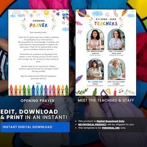 May include: A digital download template for a preschool graduation. The design includes an opening prayer and a section to meet the teachers and staff. The template is editable and printable.