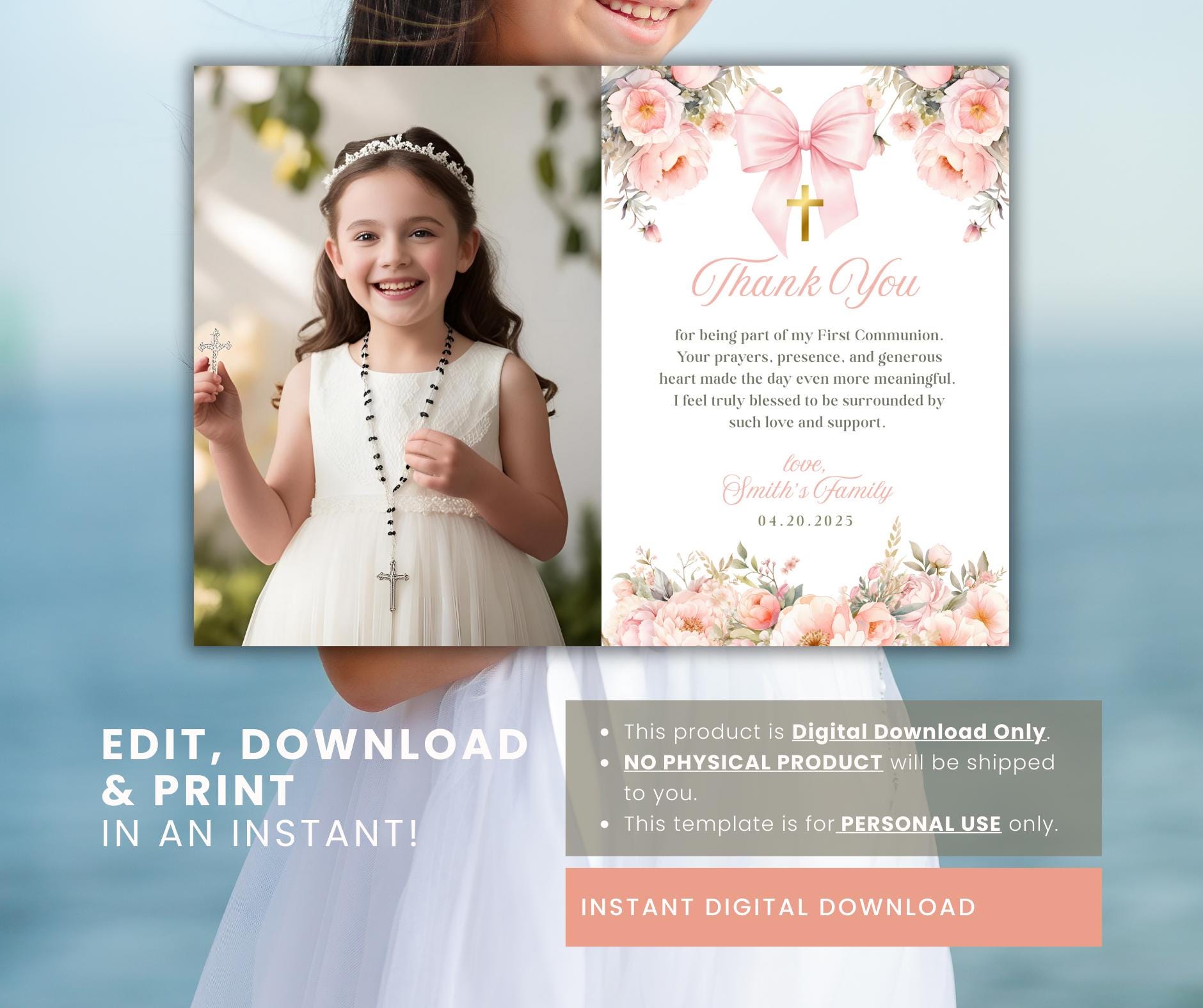 First Communion Photo Thank You Card, Girl Communion Thank You Note ...