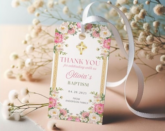 Floral Taufe Gunst Tag, Rosa Wildblumen Taufe Dankeschön Etiketten, bearbeitbare Canva Vorlage, digitaler Download