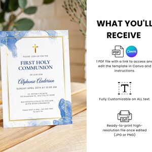 May include: Blue and gold watercolor first communion invitation with a cross and the text "Please join us for the First Holy Communion of our son Alphonse Anderson Sunday April 20th at 10:00 AM St. Peter Church 123 Anywhere St. Any City, ST 12345 Reception Lunch to Follow at the Smith's Residence Please RSVP to May: 123-456-7890 by April 1st"