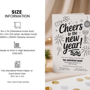 May include: A white New Year's invitation card with black text and illustrations. The card reads "Cheers to the new year! 2026" and includes details for a party. The card is 5in x 7in.