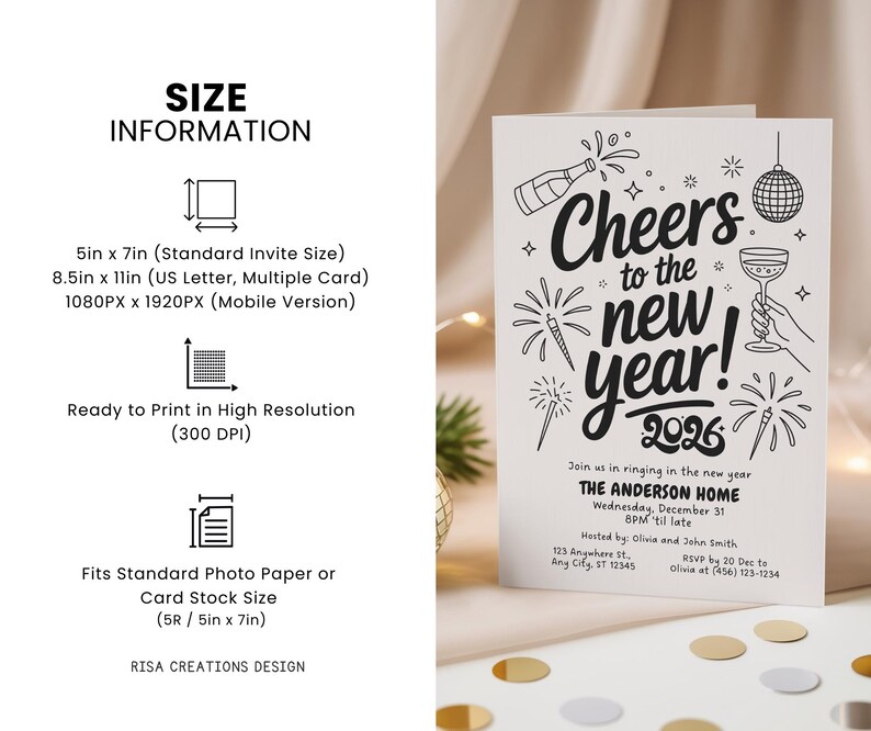 May include: A white New Year's invitation card with black text and illustrations. The card reads "Cheers to the new year! 2026" and includes details for a party. The card is 5in x 7in.