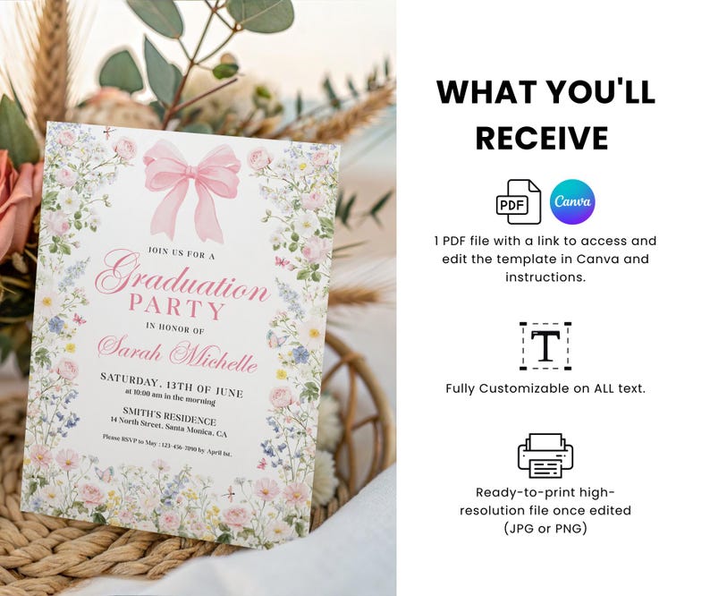 May include: A graduation party invitation with a floral border and a pink bow. The invitation reads "Graduation Party" and includes details for Sarah Michelle's celebration. The image also shows what you will receive, including a PDF file and Canva template.