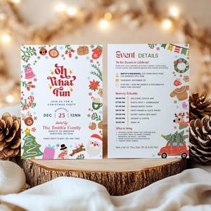K&ouml;nnte beinhalten: Weihnachtsparty-Einladung mit dem Text "Oh What Fun" in einem festlichen Design. Die Einladung enth&auml;lt Veranstaltungsdetails, einen Zeitplan und eine Liste mitzubringender Dinge. Das Design zeigt weihnachtliche Illustrationen.
