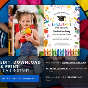 Puede incluir: Una invitaci&oacute;n imprimible colorida para una fiesta de graduaci&oacute;n de preescolar. La invitaci&oacute;n presenta una gorra de graduaci&oacute;n de dibujos animados, un arco&iacute;ris, crayones y el texto "La fiesta de graduaci&oacute;n de preescolar de Samantha".