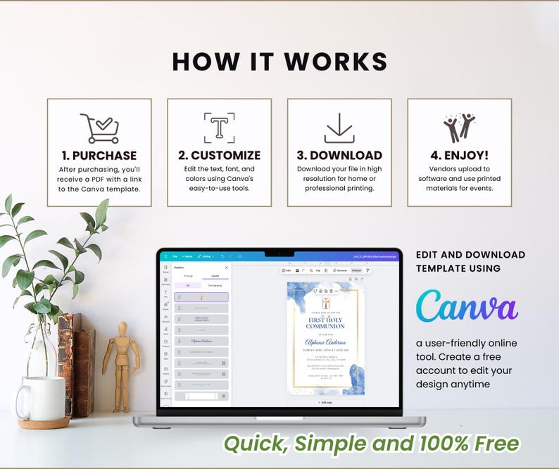 May include: How to use a Canva template to create a printable invitation. The image shows a laptop screen with a blue and white invitation design for a First Holy Communion. The text on the screen reads "First Holy Communion". The image also shows four steps to create the invitation: purchase, customize, download, and enjoy.
