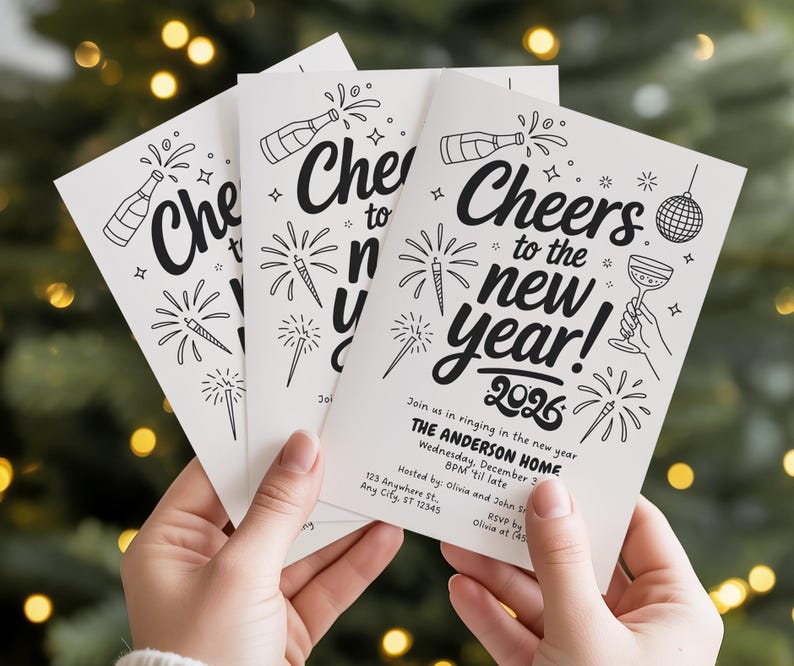 May include: A stack of white New Year's party invitations with black line art illustrations of fireworks, champagne bottles, and a disco ball. The text "Cheers to the new year! 2026" is prominently displayed.