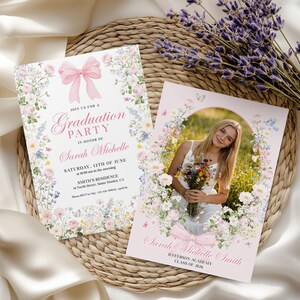 May include: Two graduation party invitations with floral designs. One invitation features a pink bow and the text "Graduation Party" and details. The other invitation has a photo of a graduate and the text "Sarah Michelle Smith".