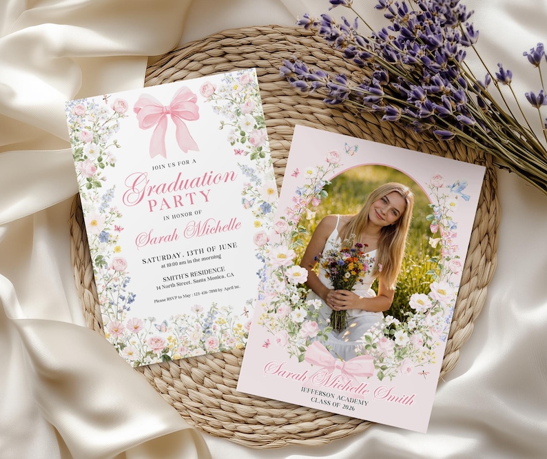 May include: Two graduation party invitations with floral designs. One invitation features a pink bow and the text "Graduation Party" and details. The other invitation has a photo of a graduate and the text "Sarah Michelle Smith".
