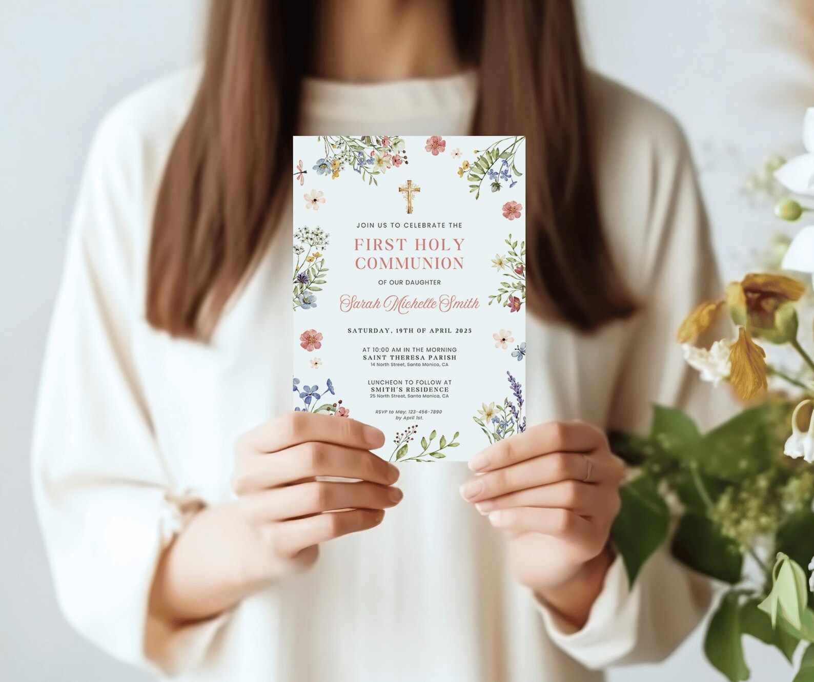 Wildflower First Communion Invitation — Editable in Canva • Girl ...