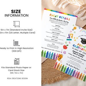 May include: Two colourful graduation announcements with event details and size information. The announcements are for a Pre-K graduation, with a cap and diploma graphic. The size information includes 12.7cm x 17.8cm and 21.6cm x 27.9cm options.