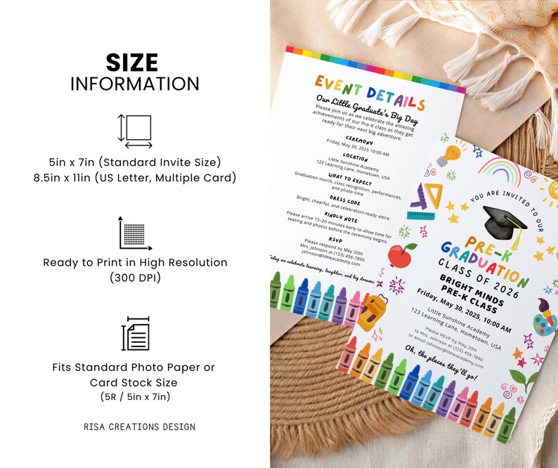 May include: Two colourful graduation announcements with event details and size information. The announcements are for a Pre-K graduation, with a cap and diploma graphic. The size information includes 12.7cm x 17.8cm and 21.6cm x 27.9cm options.