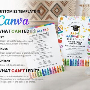 May include: Two colourful graduation announcement cards with the text "Pre-K Graduation Class of 2026" and "Our Little Graduate's Big Day". The cards feature illustrations of a graduation cap, rocket ship, and crayons. The Canva template details are also visible.