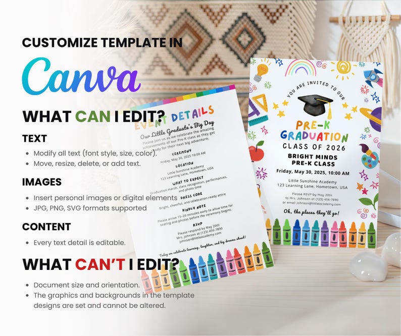 May include: Two colourful graduation announcement cards with the text "Pre-K Graduation Class of 2026" and "Our Little Graduate's Big Day". The cards feature illustrations of a graduation cap, rocket ship, and crayons. The Canva template details are also visible.