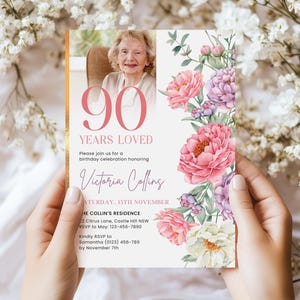 Faire-part 90e anniversaire, modèle numérique de fête d'anniversaire 90e, invitation florale de fête d'anniversaire pour les femmes, modèle modifiable de toile d'invitation