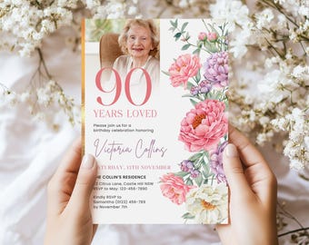 90th Birthday Invitation, Digital 90th Birthday Party Template, Floral Birthday Party Invite for Women, Editable Invitation Canva Template