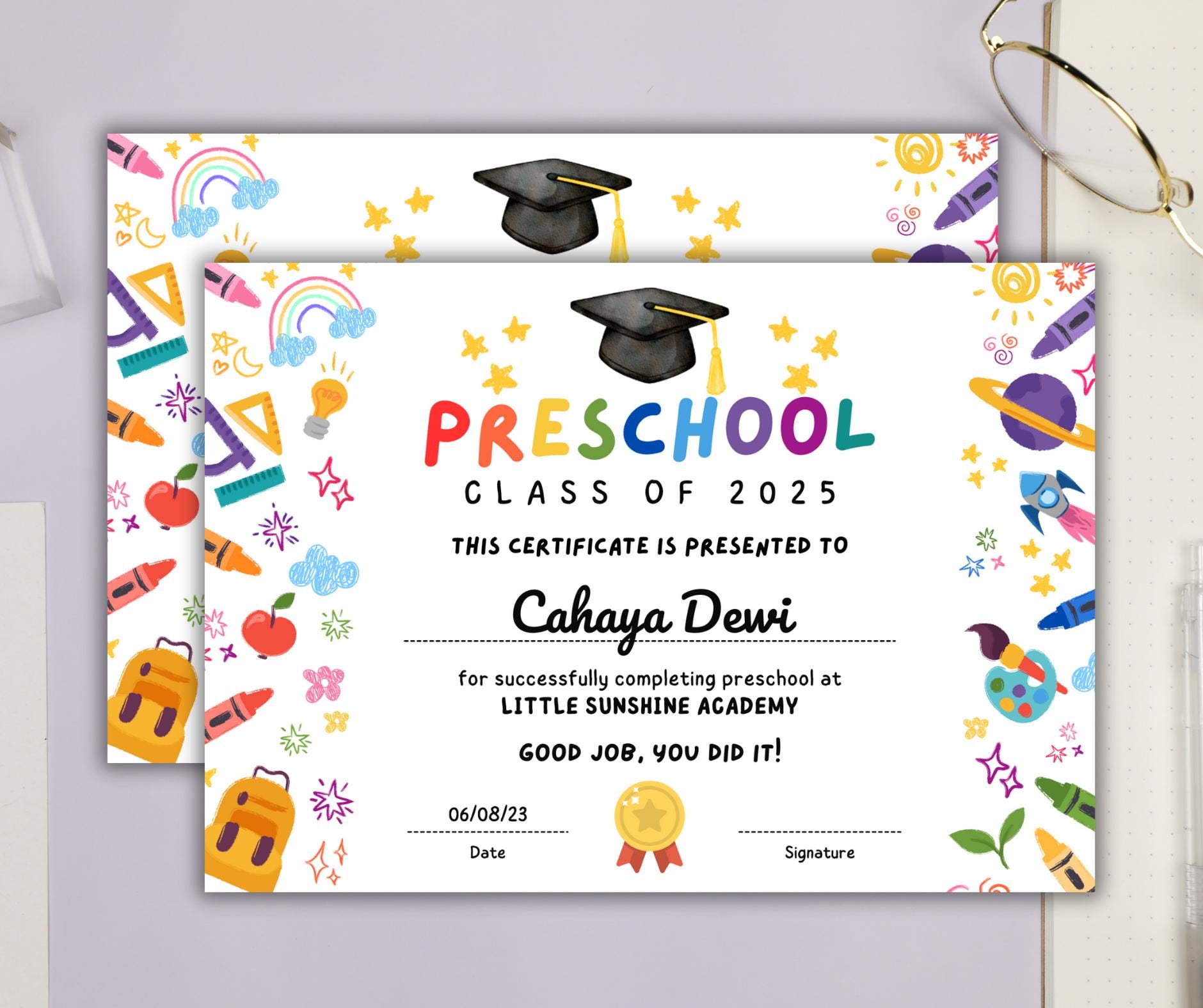 Preschool Graduation Certificate Template, Printable Diploma, Award Canva Template, Digital Download GI009