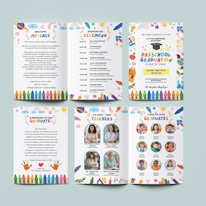May include: A colorful preschool graduation announcement with the text "Preschool Graduation Class of 20XX". The announcement includes a schedule, a message to graduates, and photos of teachers and graduates. The design features crayons and rainbows.