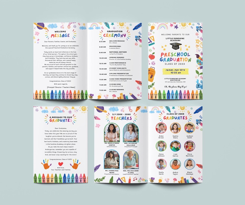 May include: A colorful preschool graduation announcement with the text "Preschool Graduation Class of 20XX". The announcement includes a schedule, a message to graduates, and photos of teachers and graduates. The design features crayons and rainbows.