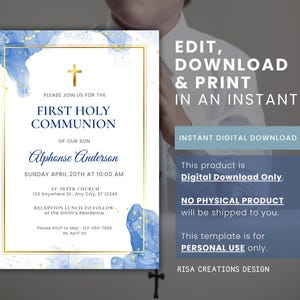 May include: Blue and gold first communion invitation with a cross, the text "First Holy Communion" and the name "Alphonse Anderson". The invitation includes the date and time of the event, the church name and address, and the reception details.