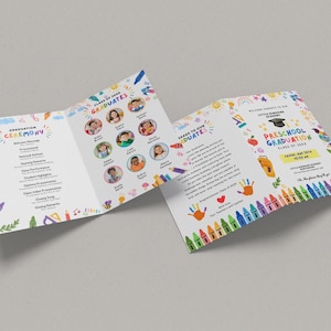 May include: A tri-fold preschool graduation announcement with colorful illustrations and text. The announcement includes the words "Graduation Ceremony," "Class of 2023 Graduates," and "Preschool Graduation." The design features crayons, rainbows, and children's photos.