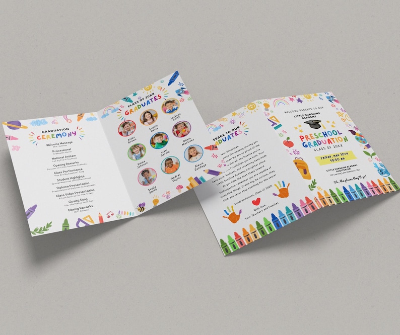 May include: A tri-fold preschool graduation announcement with colorful illustrations and text. The announcement includes the words "Graduation Ceremony," "Class of 2023 Graduates," and "Preschool Graduation." The design features crayons, rainbows, and children's photos.