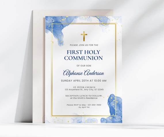 Blue First Communion Invitation for Boys, Modern Minimalist Holy Communion, 1st Communion Invite Editable Canva Template Card FCI007