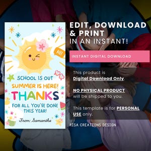 School Is Out Summer Thank You Gift Tag Template, Editable Canva Teacher Appreciation Tag, Printable End of Year Gift image 5