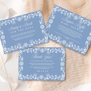 Bewerkbare Cielito Lindo-babyshowerkaarten, blauw talavera-luierloterijboek voor baby, bedankje invoegen, Papel Picado canva-sjabloonset BS014