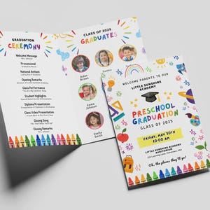 Modèle de programme de remise des diplômes préscolaire, cérémonie de remise des diplômes préscolaires de la promotion 2025, calendrier des finissants de la maternelle, modèle Canva modifiable GI009