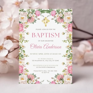 Florale Taufeinladungsvorlage, bearbeitbare rosa Wildblumen-Taufeinladung, druckbare Baby-Einweihungsparty, Canva-Vorlage BPI003