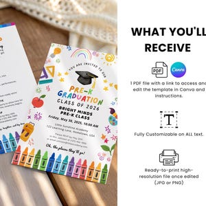 May include: Two colourful Pre-K graduation announcements with text. The main announcement reads "Pre-K Graduation Class of 2026" with event details. The second announcement has event details. The image also shows what you'll receive.