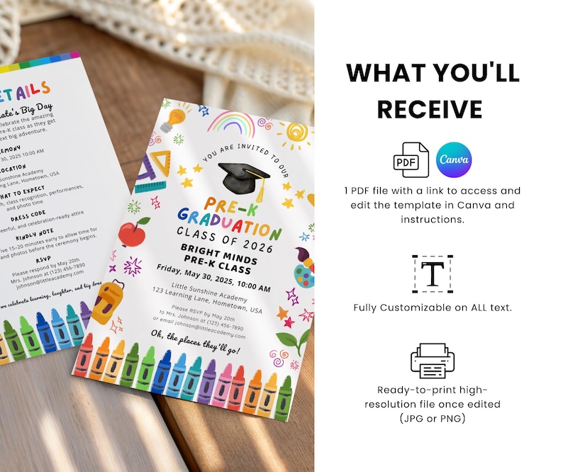 May include: Two colourful Pre-K graduation announcements with text. The main announcement reads "Pre-K Graduation Class of 2026" with event details. The second announcement has event details. The image also shows what you'll receive.