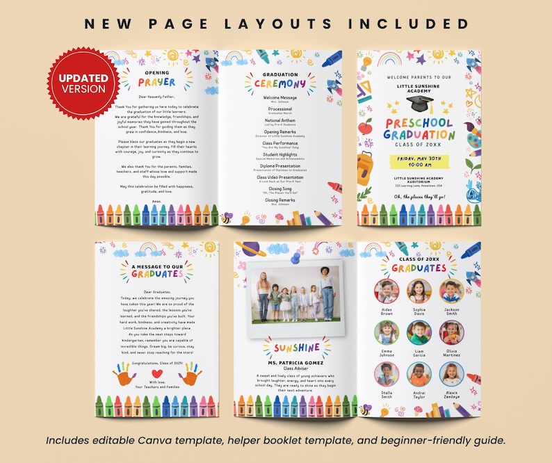 Editable preschool graduation program Canva template featuring new page layouts, ceremony schedule, prayer page, cover, class photo, graduates page, helper booklet template, and beginner guide.