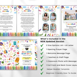 May include: A colorful preschool graduation announcement with text including "Opening Prayer", "Welcome Message", and "Teachers". The announcement includes a photo of the class and a list of included items.