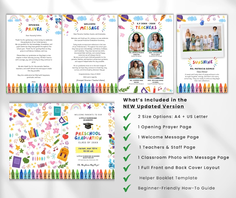 May include: A colorful preschool graduation announcement with text including "Opening Prayer", "Welcome Message", and "Teachers". The announcement includes a photo of the class and a list of included items.