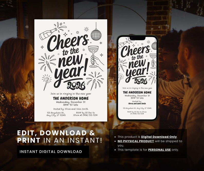May include: Black and white digital invitation for a New Year's Eve party. The design includes the text "Cheers to the new year! 2026" with illustrations of champagne, fireworks, and a disco ball. The invitation also includes event details.